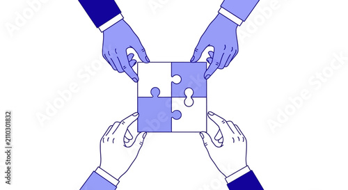 four hands assembling jigsaw puzzle pieces representing teamwork and cooperation