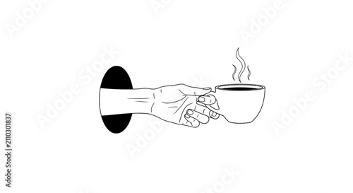 minimalist line art hand holding steaming coffee cup emerging from black hole