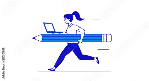 woman running with laptop and pencil illustration of productivity and creativity