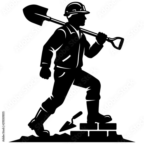 a skilled construction worker in a hard hat and boots carries a shovel stepping up on bricks symbolizing progress and the building industry