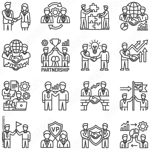 business partnership and teamwork line art icons illustrating collaboration growth and strategy for success