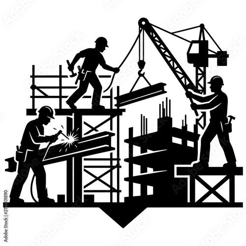 construction workers at a building site operating a crane and welding symbolizing industrial development and teamwork.