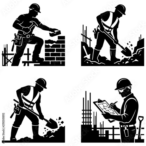 construction workers actively laboring and supervising on a building site illustrating masonry digging and project management.