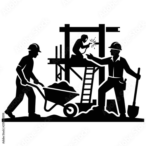 construction workers busy building on a construction site demonstrating teamwork and hard work with scaffolding a wheelbarrow and shovels