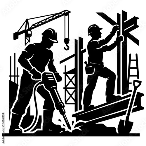 construction workers performing heavy manual labor at a busy construction site operating a jackhammer and assembling building structures
