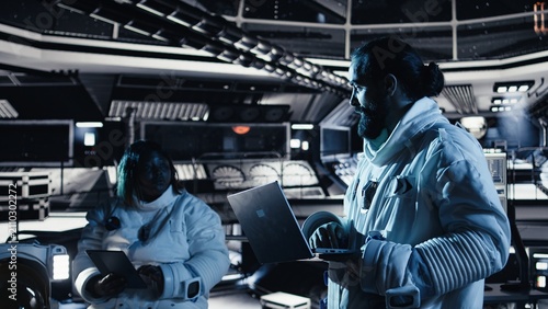Obraz na plátne Researchers fly together in starship exploring Mars planetary surface; cosmonauts ensure mission readiness before landing on Mars to study cosmic origins during a deep space mission