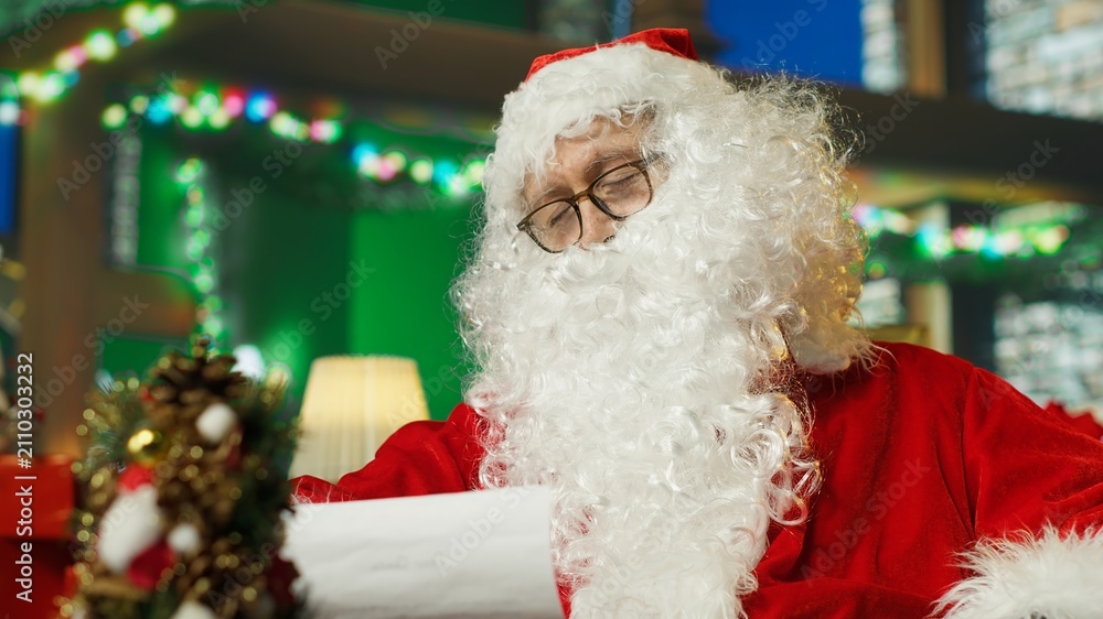 Fototapeta premium Santa Claus falls asleep in a cozy holiday setting while reading letters and Christmas wish lists from children, surrounded by festive props and ornaments as he dozes in his chair.