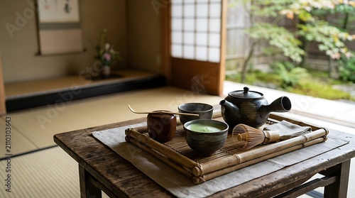 Traditional japanese tea ceremony setup with teapot and cups on wooden table
