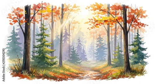 Autumn forest landscape with trees pathway.