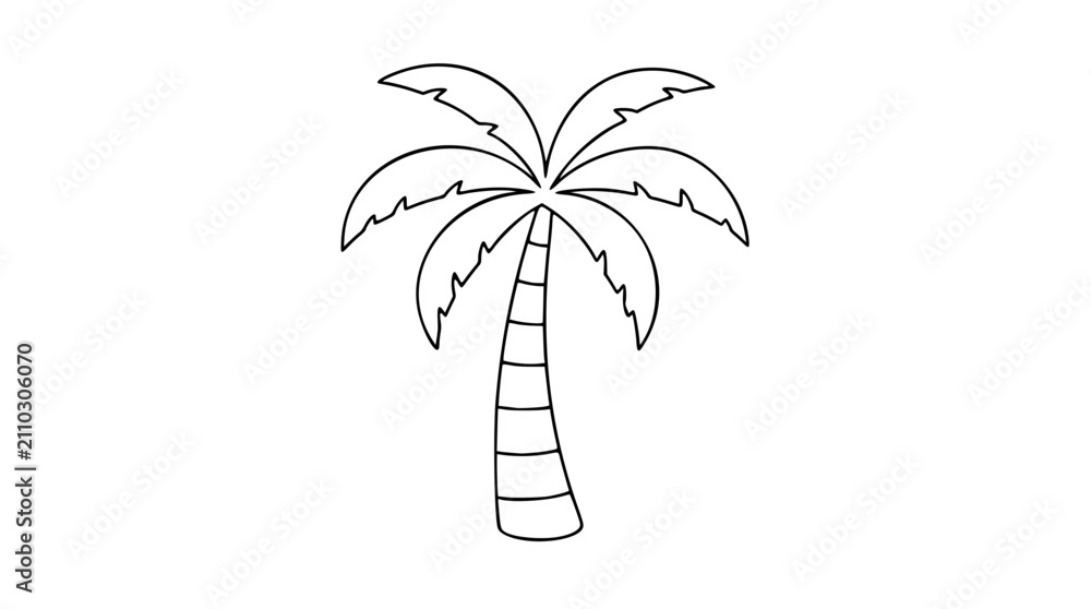 Fototapeta premium Minimalist Palm Tree Vector Icon Hand Drawn Line Art Illustration Of Tropical Coconut Tree With Curved Fronds And Textured Trunk Isolated On White Background For Summer Travel Design