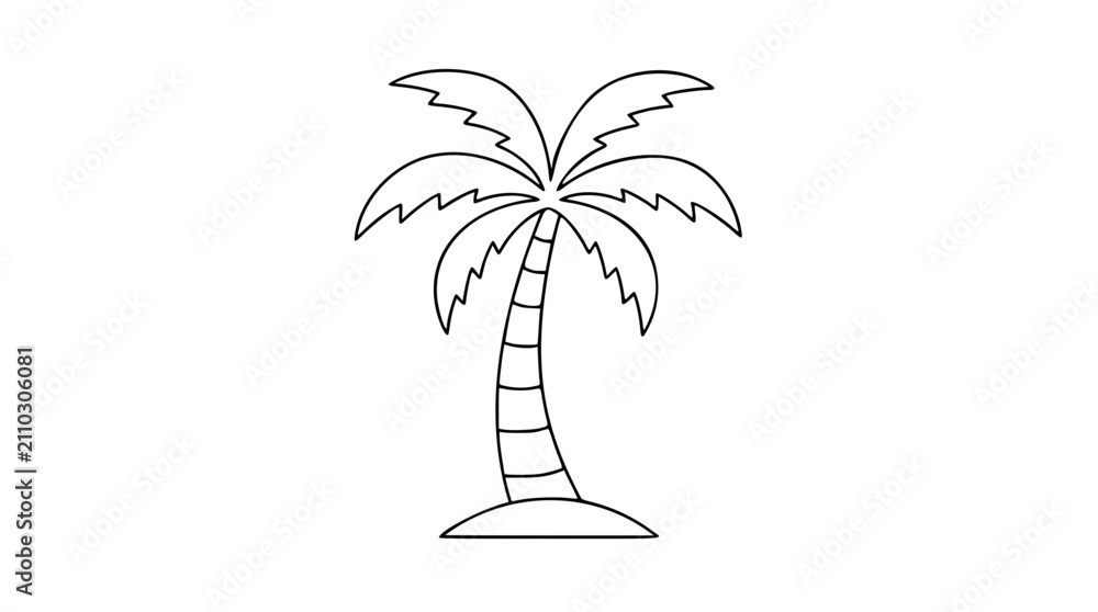 Obraz premium Minimalist vector icon of tropical palm tree with fronds and curved trunk, hand-drawn outline style perfect for travel, summer, and beach design, clean scalable line art illustration for branding.