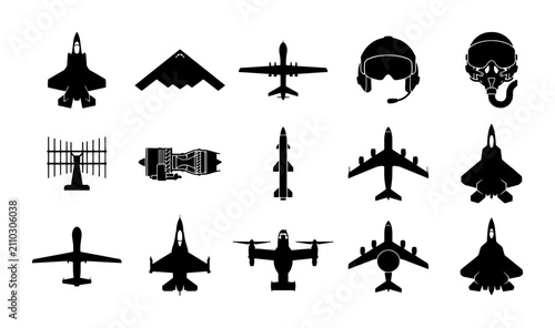 Konstfotografi Military aviation icons set, 15 black vector silhouettes of fighter jets and air