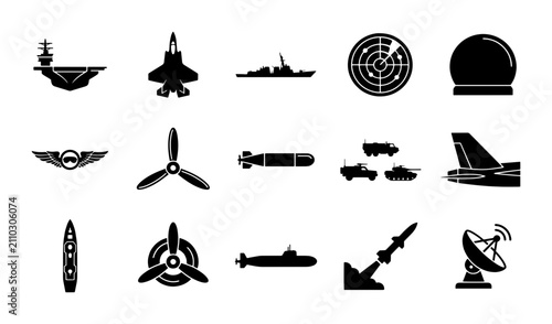 Bild auf Leinwand Military and navy icons set, black solid silhouettes of aircraft carrier, fighte