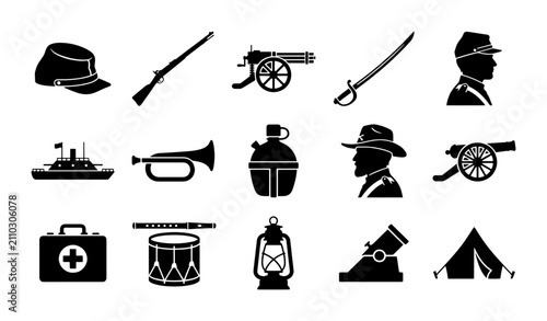 Картината върху платно American Civil War icons set, 15 historical military silhouettes, 19th century s