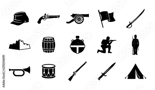 Canvastavla American Civil War icons set, 15 black silhouette military symbols, vintage 19th