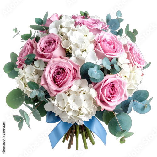 A beautiful bouquet of pink roses and white hydrangeas tied with a blue ribbon.