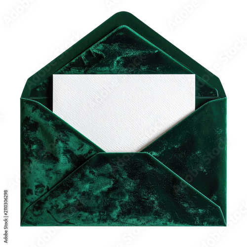 An open emerald green velvet envelope with a white textured card inside, presented against a black background.