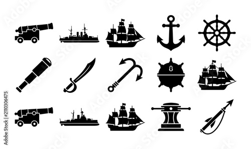 Foto Nautical and pirate icons set, black maritime silhouettes of ships and anchors,