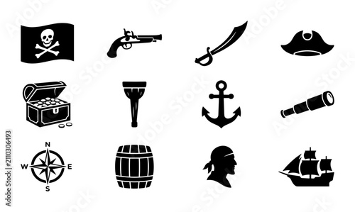 Foto Pirate icon set with 12 black silhouettes, nautical adventure symbols including