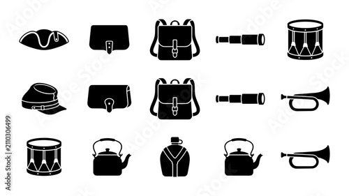 Canvastavla Vintage military equipment icons, set of 15 historical army gear silhouettes, an
