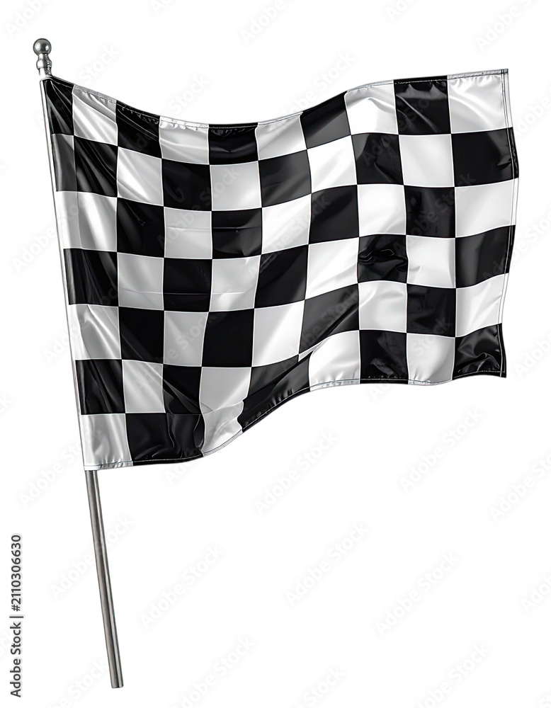 Obraz premium A black and white checkered flag waves on a pole against a black background.