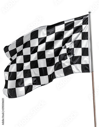 A black and white checkered flag waves against a black background.