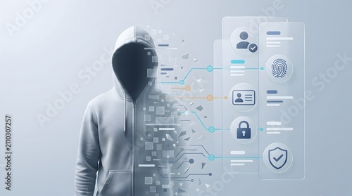 Cybercrime identity theft concept showing anonymous hacker stealing biometric data and personal security credentials