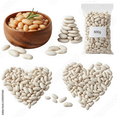 Collection of white beans in a wooden bowl, a plastic bag and arranged in heart shapes