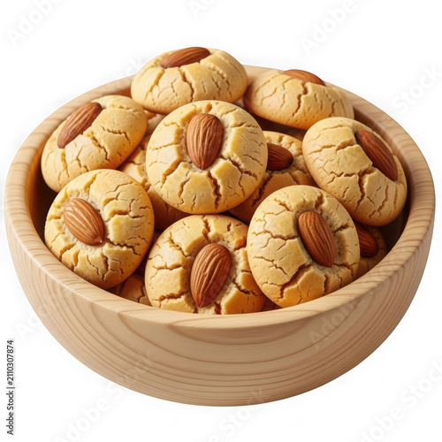 Delicious almond cookies served in a round wooden bowl for a tasty snack or healthy dessert