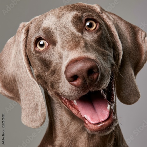 Close up portrait of a happy weimaraner dog with mouth open in studio