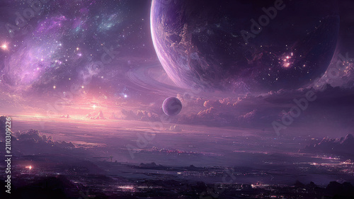 Space universe exploration, fantasy, mysterious. A vivid, fantastical depiction of a cosmic landscape. A large, glowing planet dominates the scene, surrounded by a vast expanse of stars, nebulae.