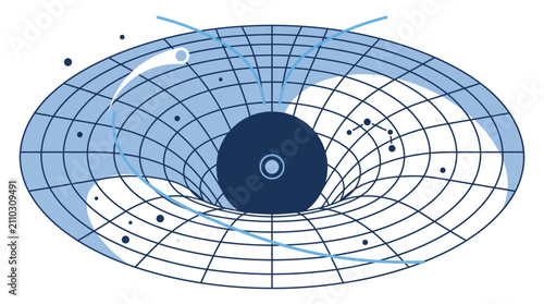 Abstract Representation of a Black Hole Warping Spacetime, Illustrating Gravitational Lensing and Celestial Objects