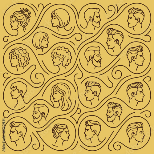 Diverse people profile faces pattern with various hairstyles on yellow background