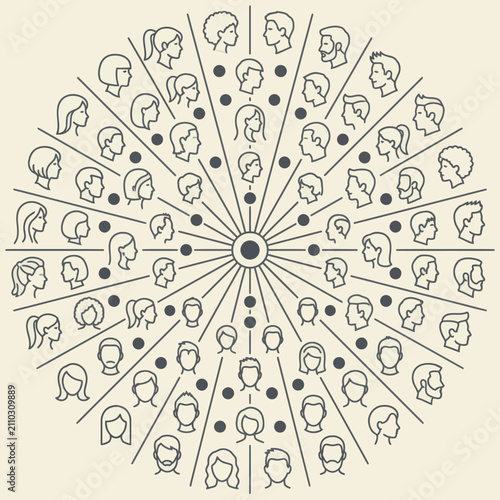 Diverse people profile avatars arranged in a circular social network chart