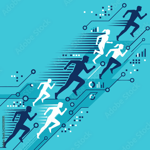 Diverse people running forward on a digital circuit path for progress