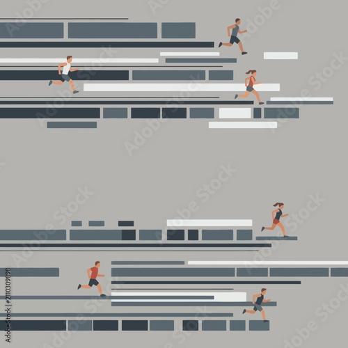 Diverse people running on abstract horizontal speed lines against grey background