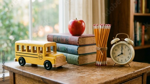 Vintage Back to School Still Life Arrangement with Wooden Toy School Bus, Stacked Books, Fresh Red Apple, Bundle of Yellow Pencils and Retro Alarm Clock on Rustic Oak Desk by Sunlit Window