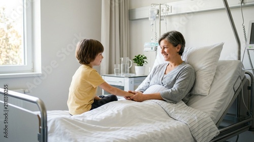 Compassionate Young Child in Yellow Shirt Holding Hands with Hospital Patient in Bright Medical Room, Showing Family Love, Care and Emotional Support During Healthcare Recovery, Pediatric Connection