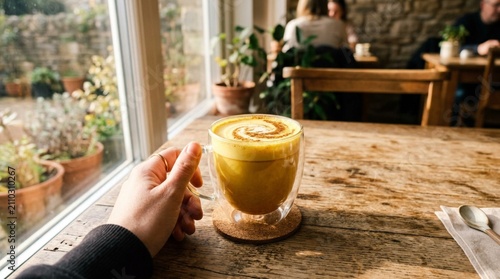 Close Up of Hand Holding Clear Double-Walled Glass Mug Filled with Creamy Golden Turmeric Latte with Swirl Art on Cork Coaster, Rustic Wooden Table in Cozy Cafe with Window Garden View and Stone Wall
