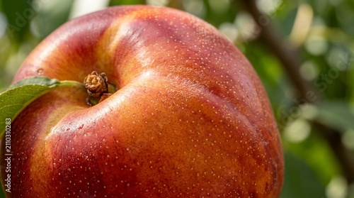 Close-up macro photograph of a fresh ripe nectarine fruit with smooth red-orange skin speckled with tiny golden lenticels, showing brown stem and attached green leaf against blurred green orchard