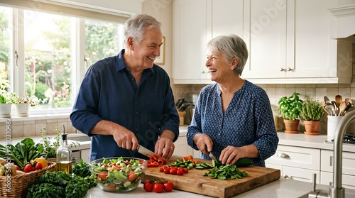 Happy senior couple cooking healthy meal together in modern kitchen, chopping fresh vegetables on wooden cutting board, preparing nutritious salad, active elderly lifestyle, retirement activities
