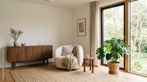 Minimalist Scandinavian Living Room Interior Featuring Curved Cream Bouclé Armchair, Mid-Century Walnut Sideboard, Natural Jute Area Rug and Large Monstera Plant by Window, Cozy Modern Home Design