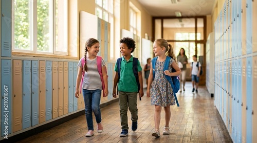 Three Happy Elementary School Children Walking Down Bright Hallway with Colorful Blue and Beige Lockers, Back to School Concept, Diverse Students Smiling and Chatting While Carrying Colorful