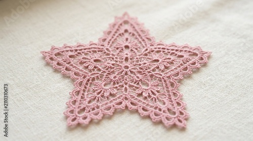 Delicate Pink Lace Star Doily with Intricate Openwork Patterns on Soft Linen Background, Handcrafted Crochet Decoration for Vintage Wedding Table Setting and Shabby Chic Home Decor