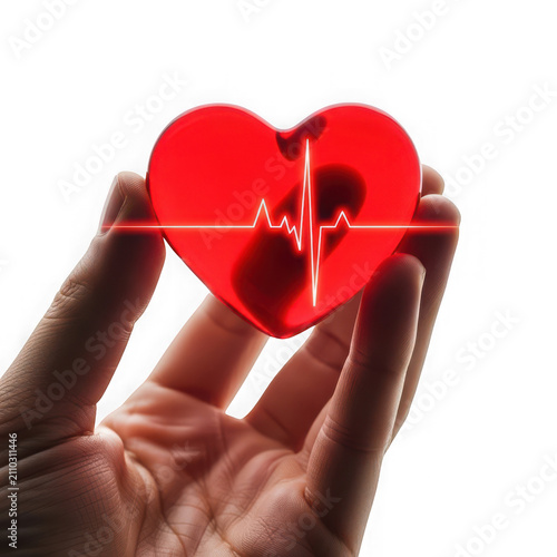 A hand holding a bright red heart shape with an ekg pulse line symbol on it
