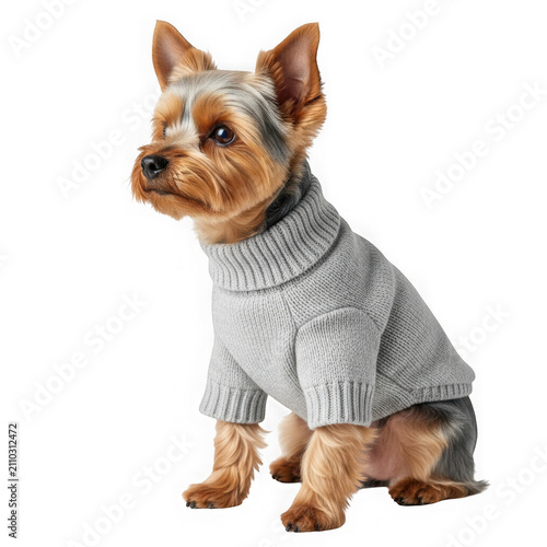 Cute yorkshire terrier dog wearing a warm grey knitted sweater sitting down