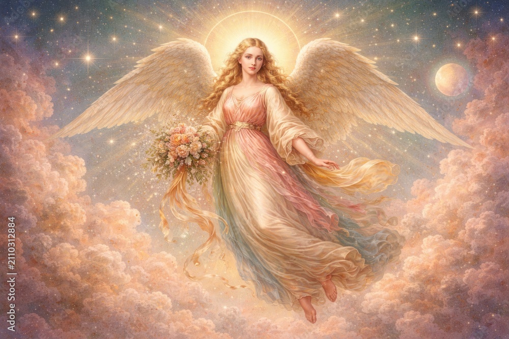 Obraz premium Ethereal angelic figure amidst clouds.