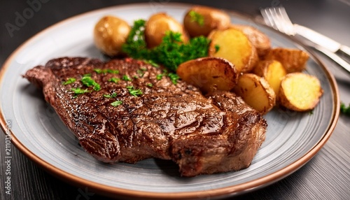 deliciously cooked rib eye steak presented on a plate accompanied by a perfectly baked potato and garnished with parsley for an inviting and appetizing display of rib eye steak