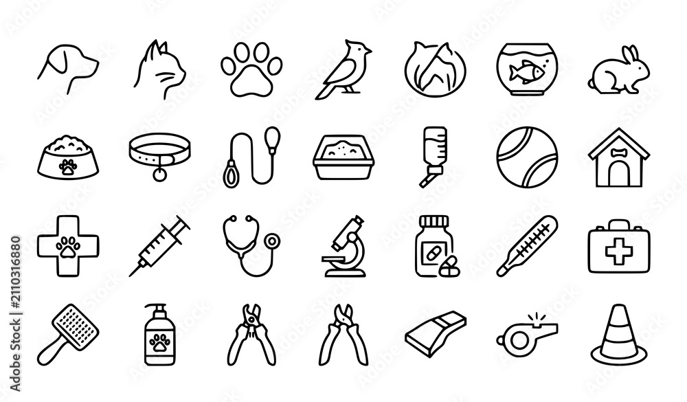 Naklejka premium Pet and veterinary line icons set dog cat paw vaccine pet care vector eps10