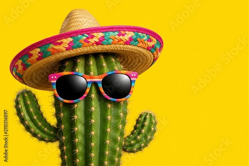 Cactus wearing sombrero and sunglasses on yellow background